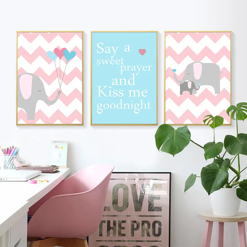Canvas Wall Art Decor Poster Nursery Print Elephant Cartoon Painting Nordic Kids Decoration Pictures Baby Girls Bedroom Decor