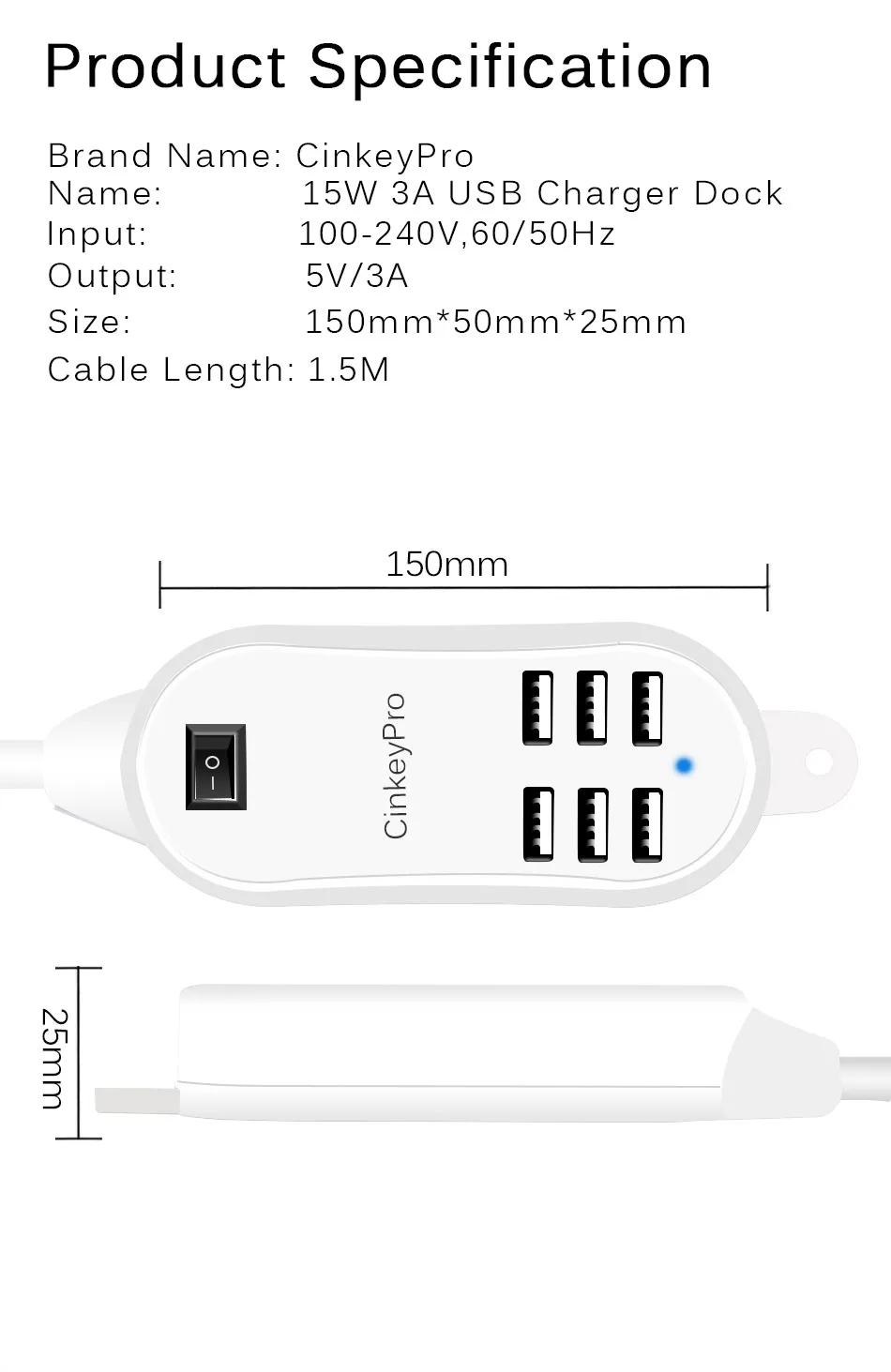 CinkeyPro 6-Ports Desktop USB Charger Wall Adapter 1.5M Cable Mobile Phone Device 5V 2A Charging For iPhone Samsung Universal 6