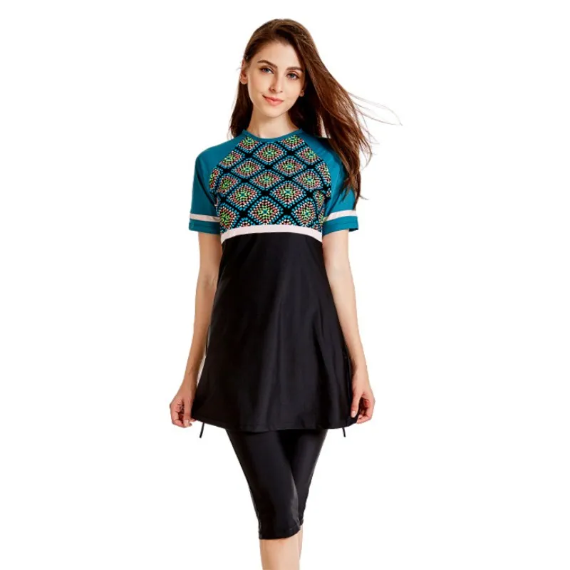 

2019 Newest Two-piece Short Sleeve Women Muslim Swimwear Female Print Swim Suit Girl Sexy High Quality Bathing Wear
