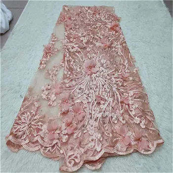 

2019 High Quality African 3D Flower Lace Fabric Organza French Net Embroidery beads Tulle Lace Fabric For Nigerian Party Dress