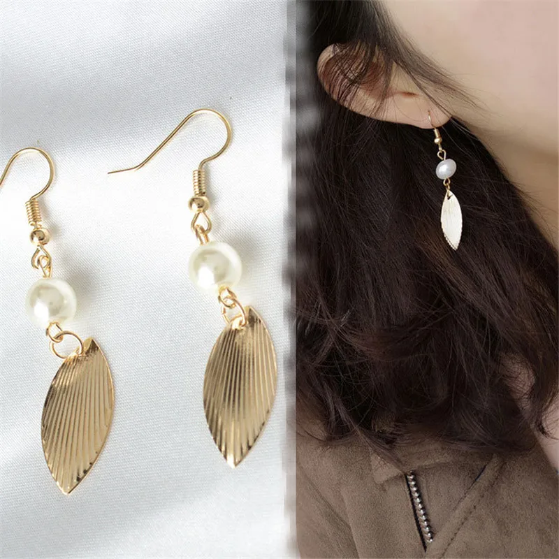 

Handmade Jewelry Minimalist Style Retro Slim Golden Leaves Pearl Earrings Korean Temperament Earrings Earrings