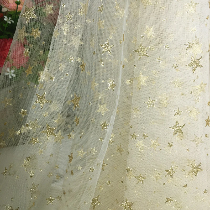 

2meter/lot Width 150cm Tulle Hot Stamping Star Sequins Glitte Tulle Fabric DIY Tutu Skirt Princess Wedding Dress Decoration
