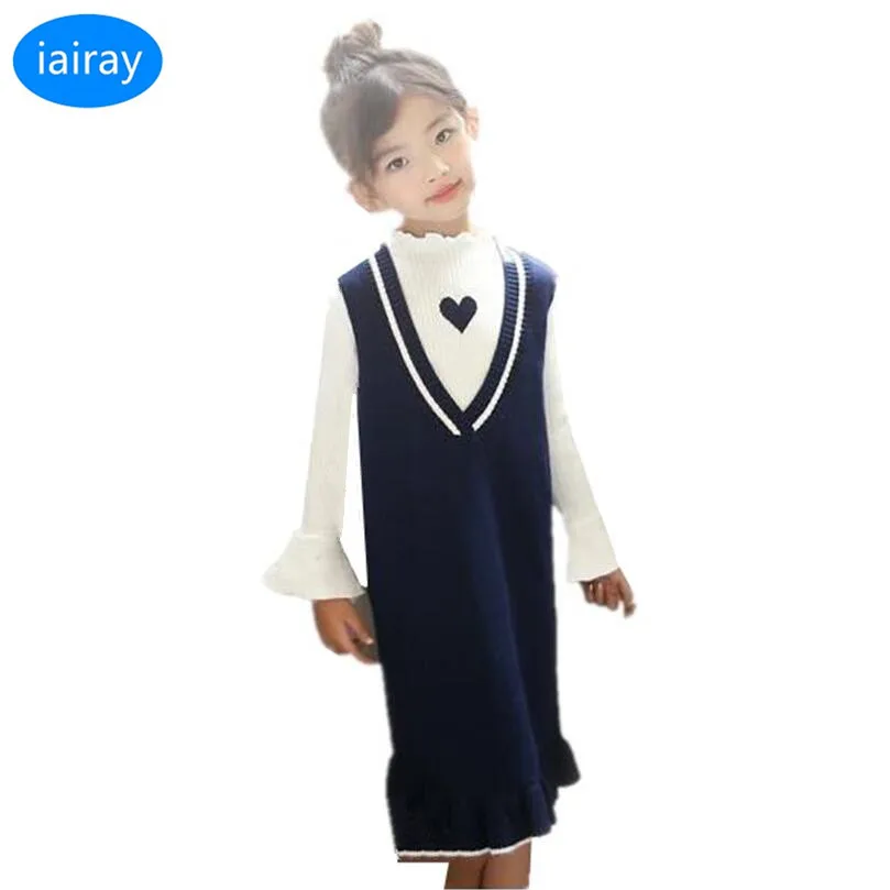 

iairay 2 pcs fashion girl autumn sweater dress long sweater vest cute flare sleeve loose cardigan teenage girls clothing set