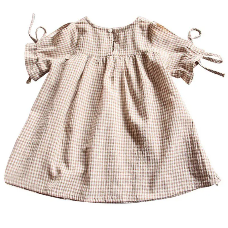 

Summer Autumn Round Solid Color Neck Plaid Dress Cute Baby Girls Short Sleeve With Drawstring Cotton Dress Vestido