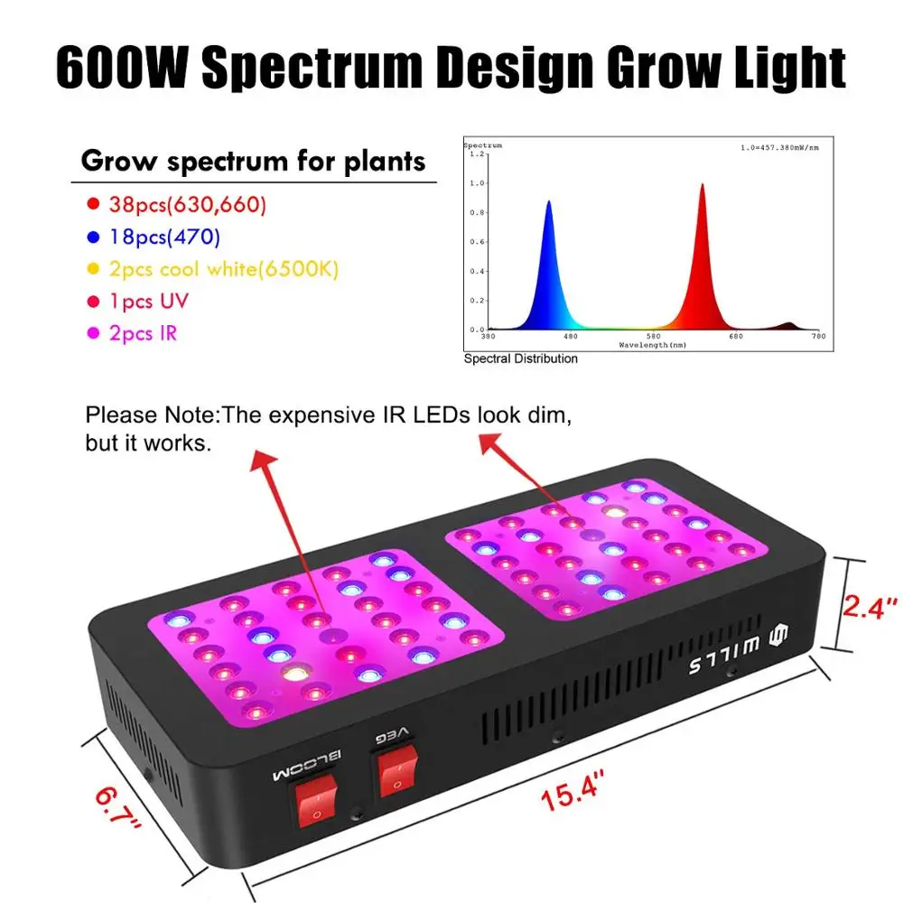 Отражатель светодиодный светильник для выращивания 600 Вт полный спектр для гидропоники комнатных растений Выращивание овощей и цветов растительный светильник