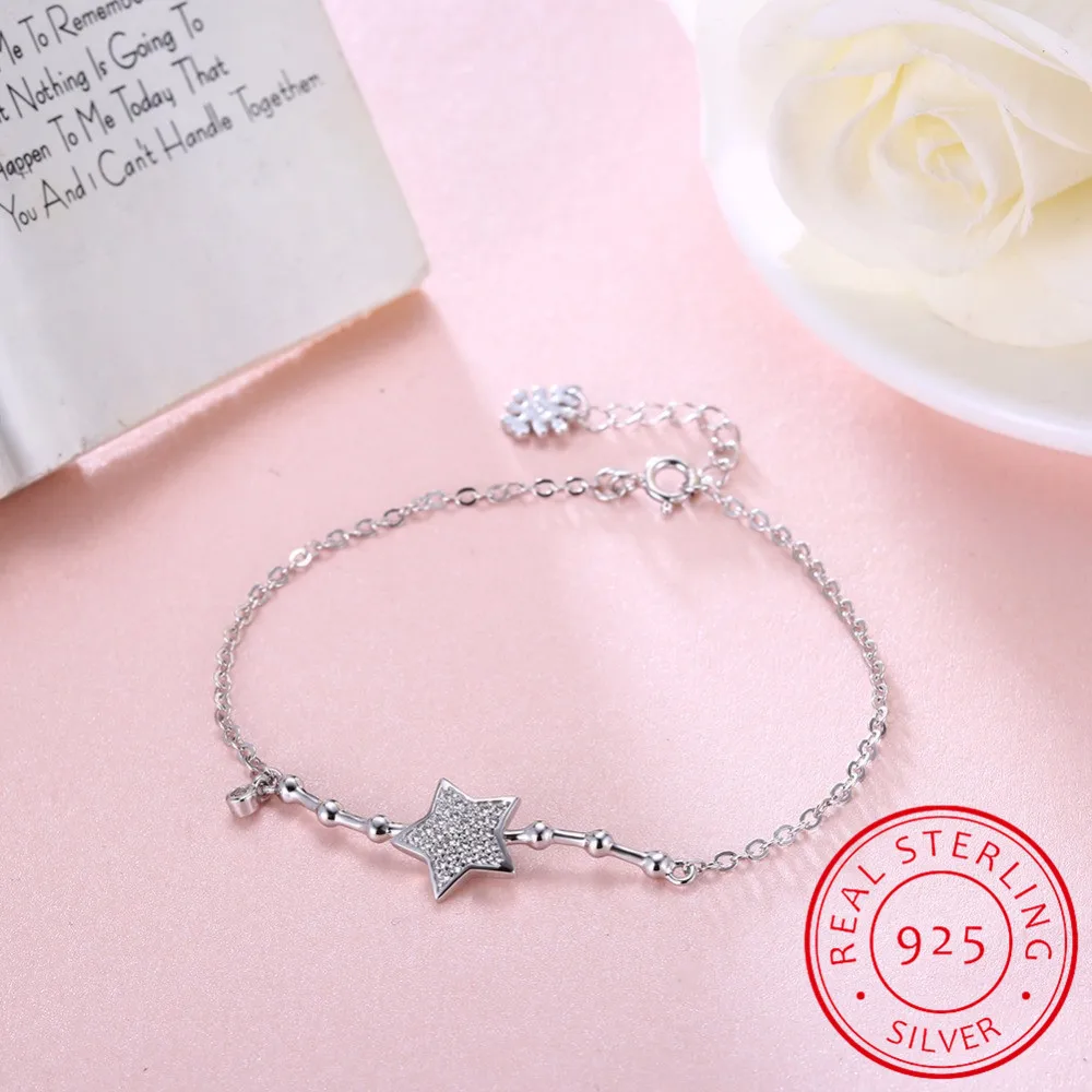 

Real 925 Sterling Silver Star Bracelets & Bangles for Women Jewelry Rhinestone Bamboo Styles Link Chain Bracelet Female