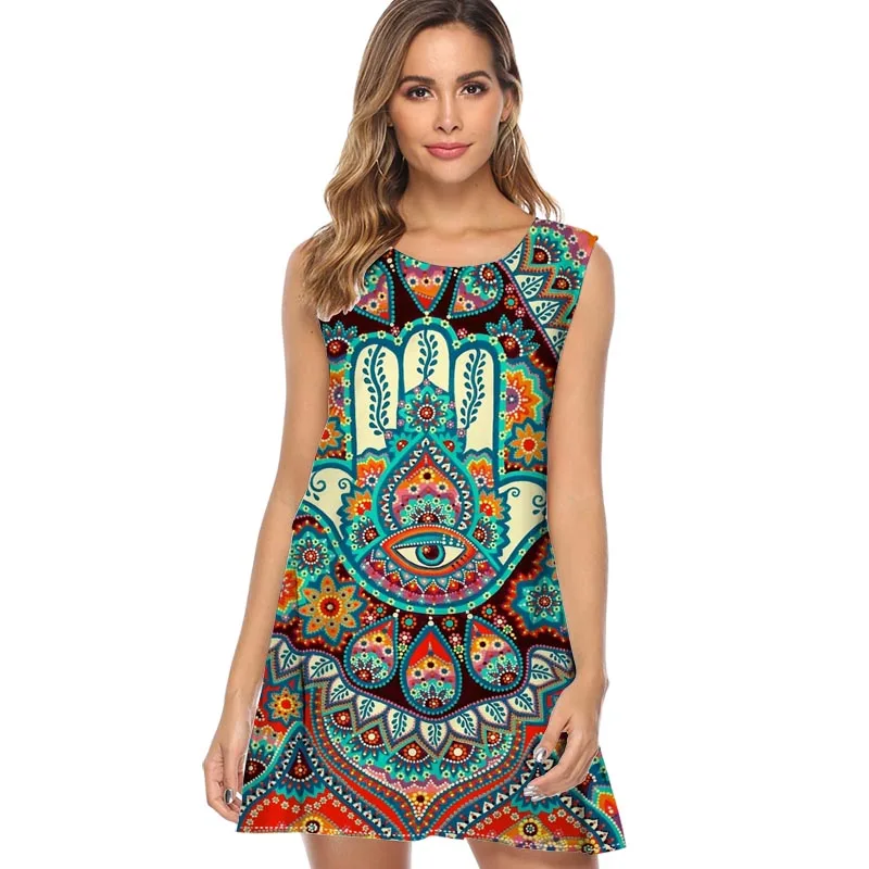 

Casual Summer Chiffon Hamsa Hand Printed Dress Women Clothes 2019 Sexy Floral Short Women Beach Dresses Vestido Robe Femme