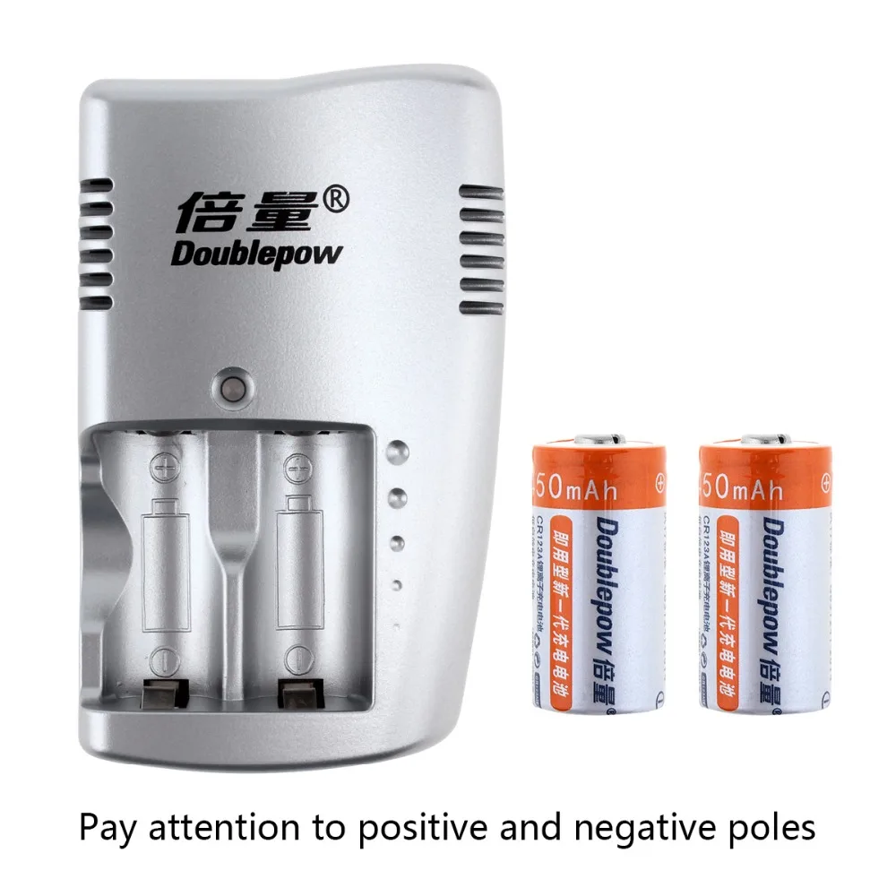 

Doublepow 2 pieces 450mAh 3V CR123A LiFePo4 Rechargeable Battery + 2 slots Smart Charger for 3V CR123A Batteries