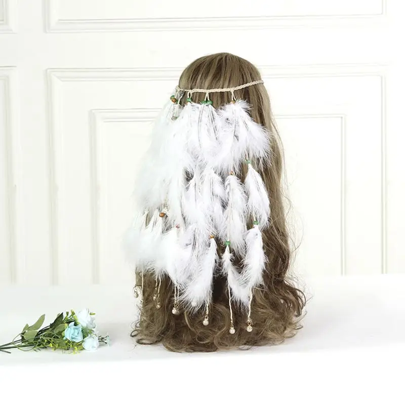 Женские богемные кисточки Hairband хиппи белое перо имитация жемчуга; ожерелье повязка индивечерние Вечеринка Реквизит аксессуары для волос