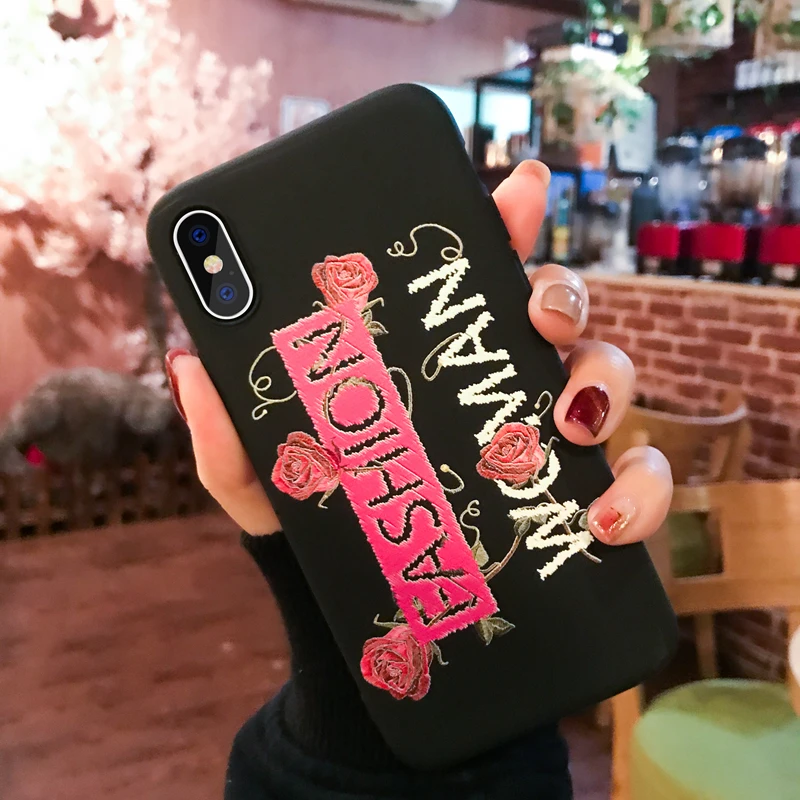 

Cute Embroidery Phone Case For iPhone 6 6s Plus X XS XR Luxury tiger Cover For iPhone 7 8 Plus Square Mobile Shell
