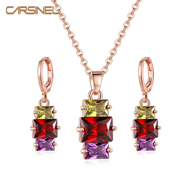 

CARSINE Brand Top Quality Colorful Cubic Zirconia Necklaces Earrings Jewelry Set Rose gold color Pendant Necklace Hoop Earring