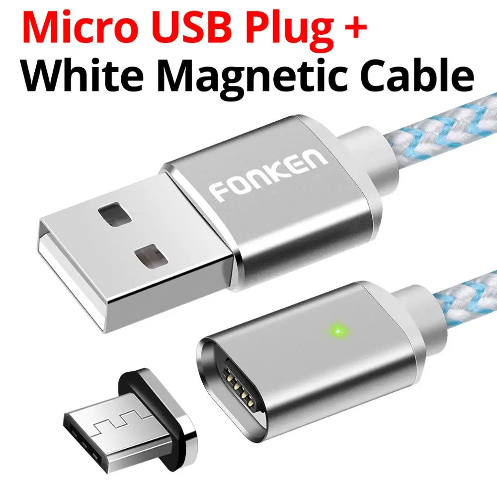 FONKEN Micro USB Магнитный кабель макс 2.4A провод для быстрой зарядки телефона магнит мини-usb кабель светодиодный кабель для синхронизации данных нейлоновый плетеный кабель - Цвет: white add micro plug