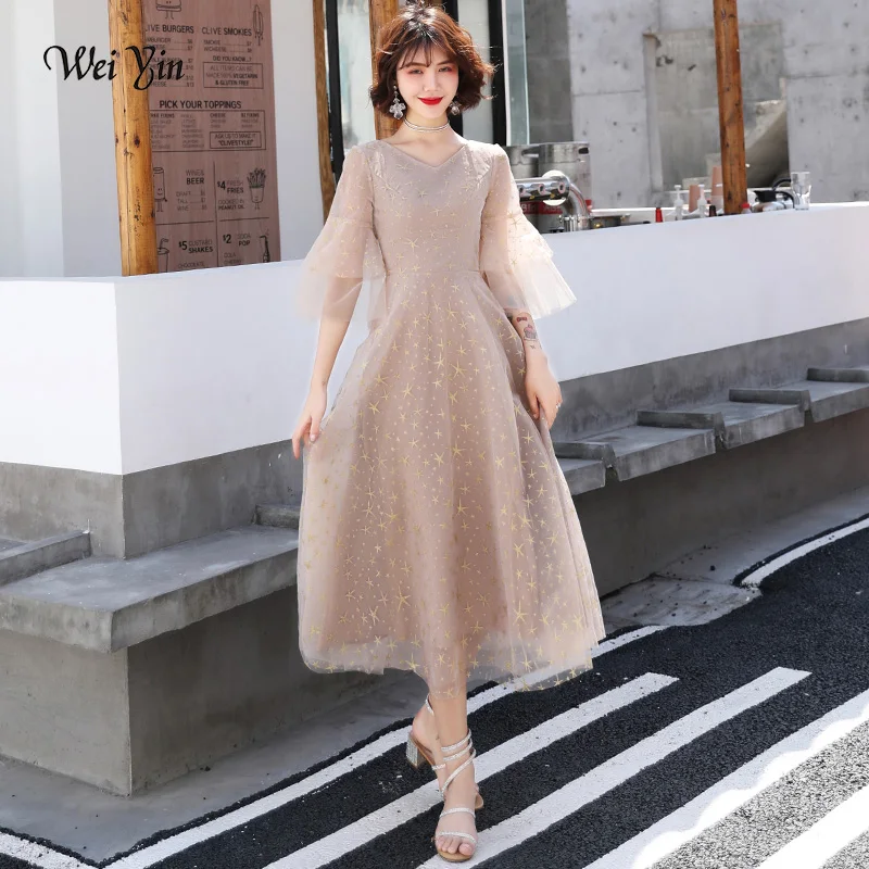 

wei yin Plus Size Evening Dresses 2019 Elegant V-Neck Half Sleeves Tulle Formal Evening Gown Party Dress Robe De Soiree WY1755