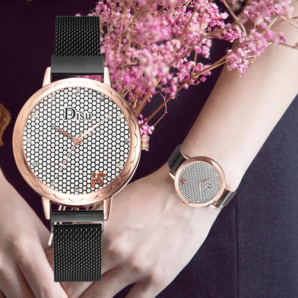 

Women Bracelet Watches Luxury Brand Fashion Creative Quartz Wrist Watch For Women Mesh Dial Magnet Rhinestone Clock reloj mujer