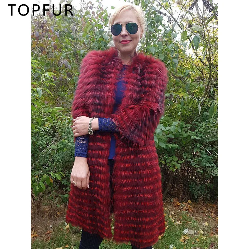 

TOPFUR 2018 New Women Real Fur Coat Red Color Natural Silver Fox Fur Coat Luxury Winter Warm Fur Jacket 100cm Long Fur Wholsale