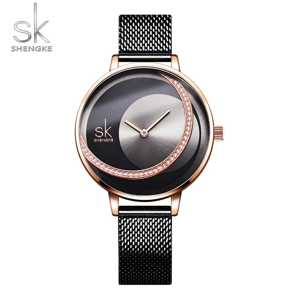 Shengke Rosegold черный сетчатый ремешок женские часы Креативный Кристалл циферблат дизайн Роскошные женские кварцевые механизм Relogio Feminino
