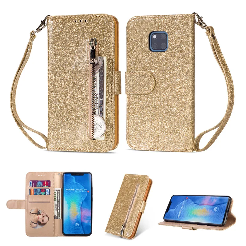 Sang Trọng Bling Kim Tuyến Dành Cho Huawei Y7 Y6 P Smart Plus Giao Phối 20 10 P30 P20 Pro Lite Da Dây Kéo ví Flip Cover huawei waterproof phone case