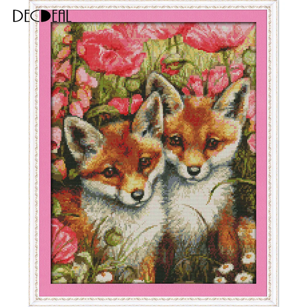 14CT Lovely Foxes Pattern Cross Stitching DIY Handmade