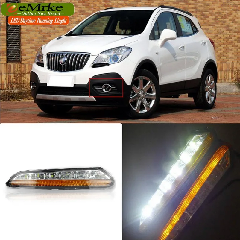 eeMrke Car LED DRL For Buick Encore VAUXHALL MOKKA Yellow Turn Signal Xenon White Fog Cover Daytime Running Lights Kits