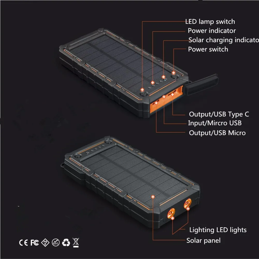  Waterproof 10000mAh Solar Power Bank External Battery Solar Powerbank Charger with SOS Strobe LED L