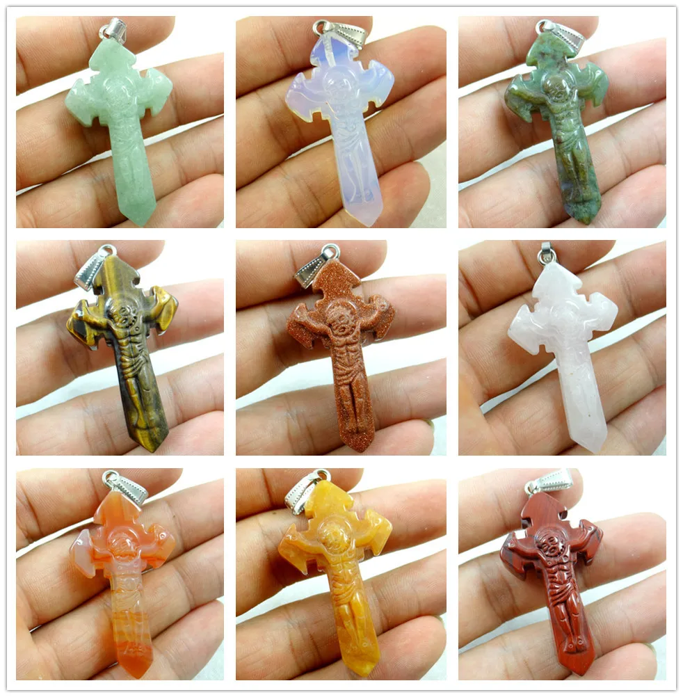 

New Hot Selling Fashion hand-carved Mixed natural Stone cross Charms Pendants for Necklace making jewelry