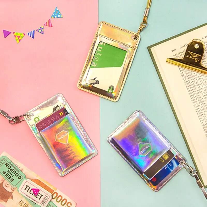 

Laser Hologram Card Bag Halter String Bus Card Bag Shinning Crad ID Holder Girl Fashion Bentoy Bank Card Bag Sliver Golden Bags