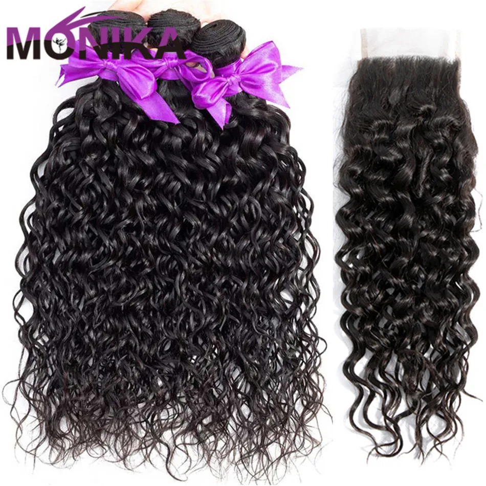 

Monika Water Wave Bundles With Closure Malaysian Hair 4/3 Bundles With Closure WaterWave Non Remy Human Hair Bundle with Closure