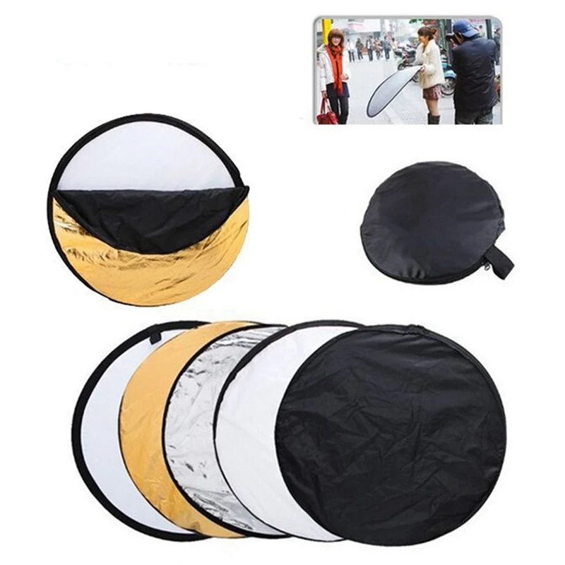 

60cm/80cm/110cm 5 in 1 Portable Collapsible Light Round Photography White Silivery Reflector for Studio Multi Photo Disc Diffuer