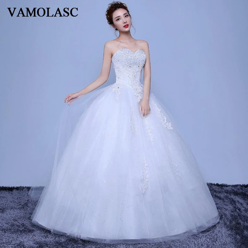 

VAMOLASC Sequined Strapless Ball Gown Lace Appliques Wedding Dresses Crystal Off The Shoulder Backless Bridal Gowns