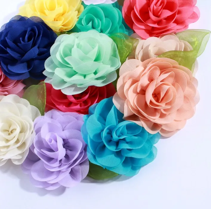 8.5CM Green Leaf Chiffon Flowers For Headband Petals Poppy Fabric Flower Hair Accessories |