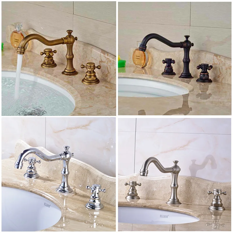 Solid Brass Countertop Bathroom Sink Faucet Widespread 3pcs Double