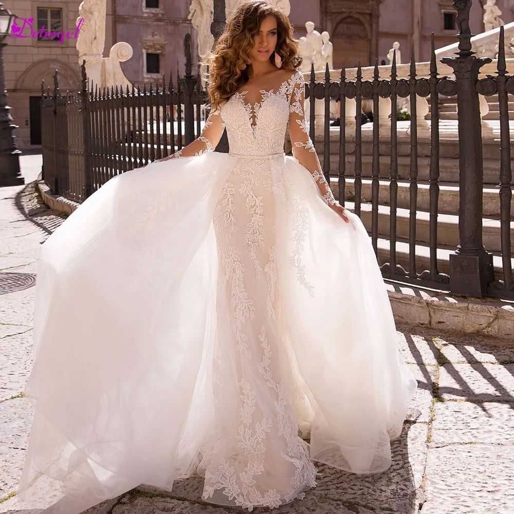

Gorgeous Scoop Neck Appliques Long Sleeve Mermaid Wedding Dresses 2020 Luxury Beaded Sashes Detachable Train Trumpet Bridal Gown