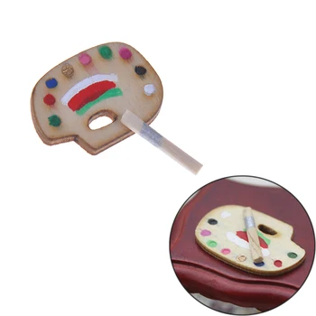 

1set Mini Furniture For Doll 1:12 Dollhouse Miniature Palette + 1 Brush Miniature Color Palette Set Model 19*27mm