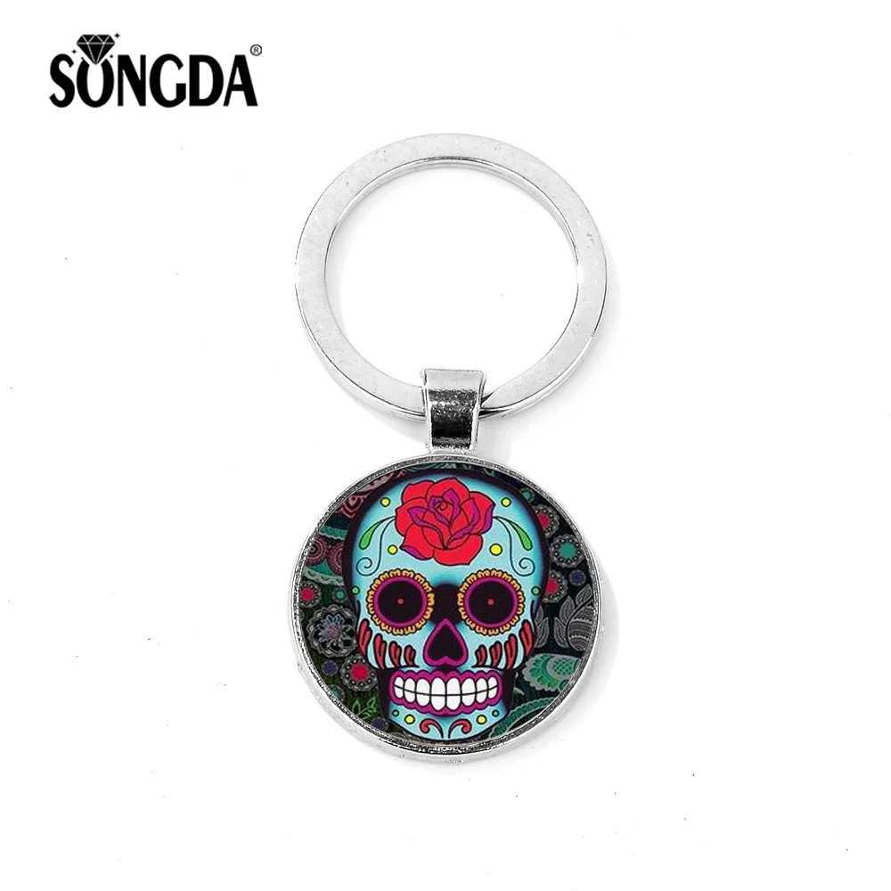 

SONGDA Sugar Skull Cool 3D Keychain Retro Terror Photo Glass Cabochon Keyring Jewelry Car Key Accessories Halloween Men Or Women