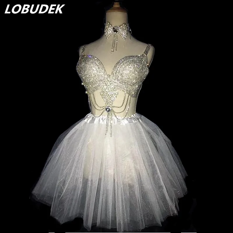 

Sparkly Crytals Stones Bikini white skirt 3 piece sets Female DJ singer costume Bar Nightclub Dance teams Jazz show stage outfit
