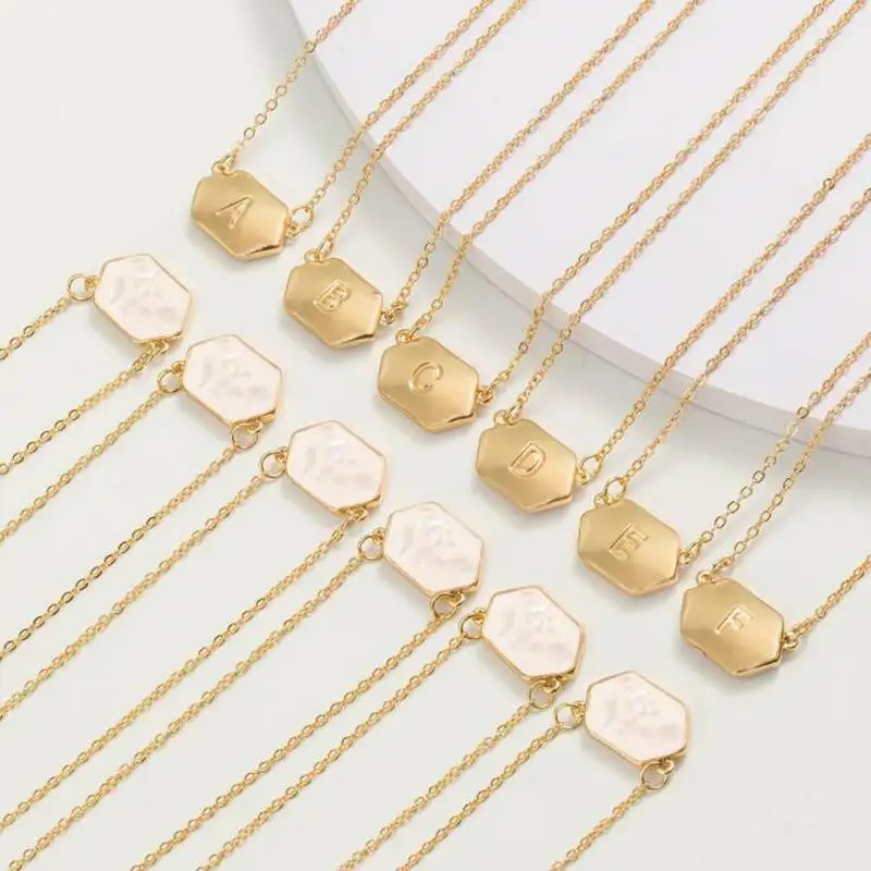 

Double Sided 26 Letters A To Z White Hexagon Resin Shell Silver Gold Metal Color Necklace Women Geometric Body Jewelry