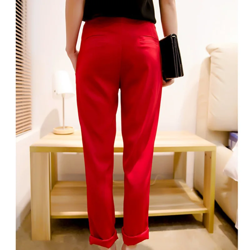 Весенние летние женские штаны с высокой талией, шаровары длиной до щиколотки, одноцветные красные брюки, женские повседневные свободные модные брюки