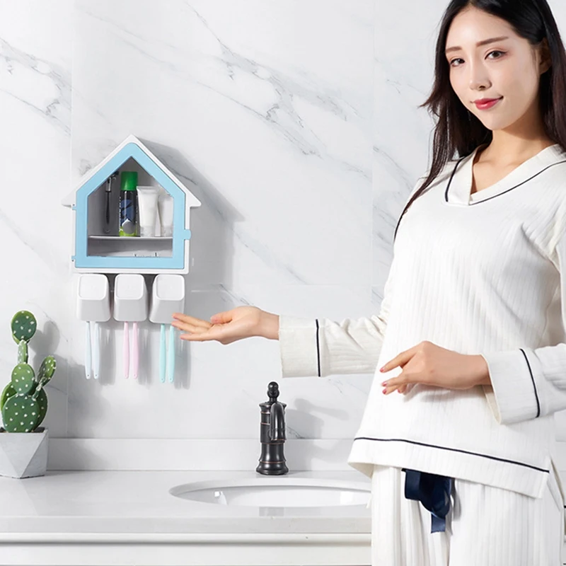 

Creative Bathroom Cosmetics Storage Wall Mount Toothbrush Holder Suction Cup Set Bathroom Storage Box Case Household Items Wit