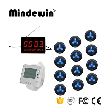 

Mindewin New 433mhz Wireless Transmitter 12pcs Call Button +1 pc LED Display Receiver +1pc Watch Pager Wireless Calling System