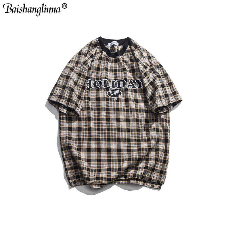 

Baishanglinna 2019 Men's Chequered Short Sleeve T Shirts Summer Casual Cotton Hip Hopo Tops Tees Fashion Streetwear Tshirts