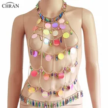 Chran Sexy Mesh Full Body Chain Halter Necklace Burning Man Rave Outfit Sequin Chain Bralette Festival Dance Wear Jewelry chran gem bead crop top chainmail rave bra black chain shoulder necklace ibiza sonar wear edm outfit body jewelry chain crn2801