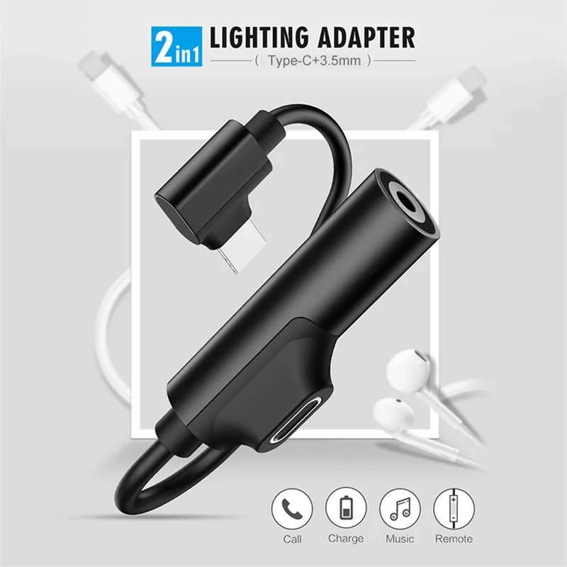 

2 in 1 Lightiing Adapter Type-C 3.5mm Jack Audio Lighting Connector Splitter Headphone Cable For Samsung Huawei Xiaomi 8 6 Leeco
