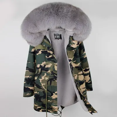 Новинка, Брендовое меховое пальто, парка, зимняя куртка, пальто, женская парка, настоящий большой воротник из лисьего меха, с капюшоном, с искусственным мехом, длинная верхняя одежда - Цвет: long camo gray fur