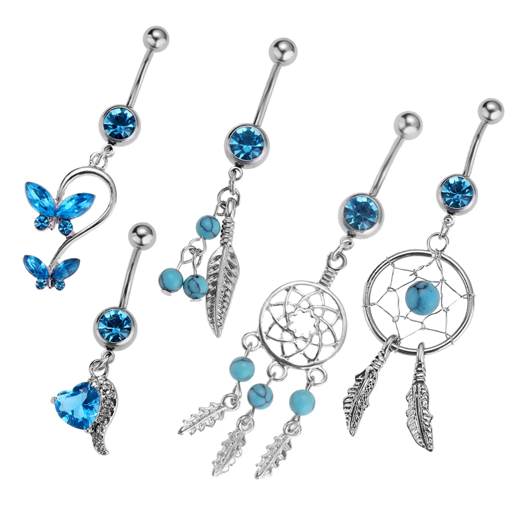 5 Pieces Women Rhinestone Dreamcatcher Butterfly Leaf Heart Belly Bar Navel Ring