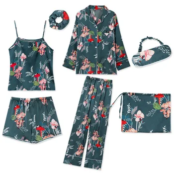 

7 Pcs pajamas for women satin cotton floral print Pajamas Set Pajamas Suit Sleepwear Lounge wear home suit female Sleepwear