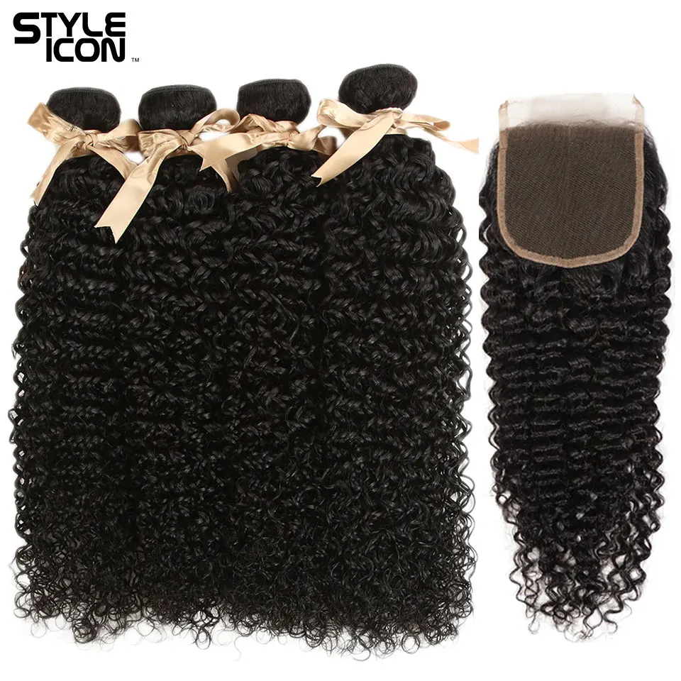 Malaysian Kinky Curly Bundles With Closure Curly Human Hair Bundles with Closure Styleicon 3 4Bundles Curly Bundles with Closure