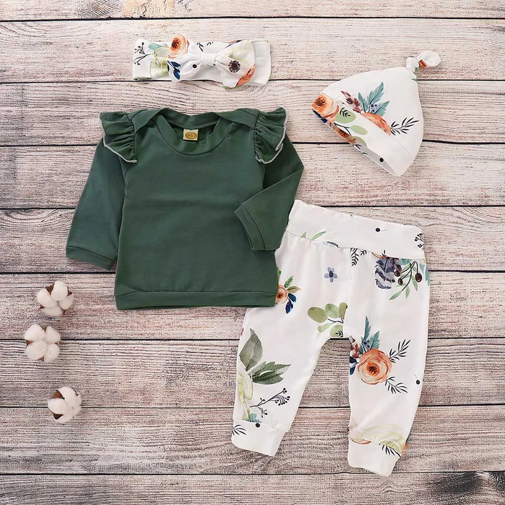 

2019 Summer 4PCS Toddler Baby Girls Floral Print Tops Pants Cap Hat Headband Ruffles Outfits Set Infant Newborn Baby Clothes