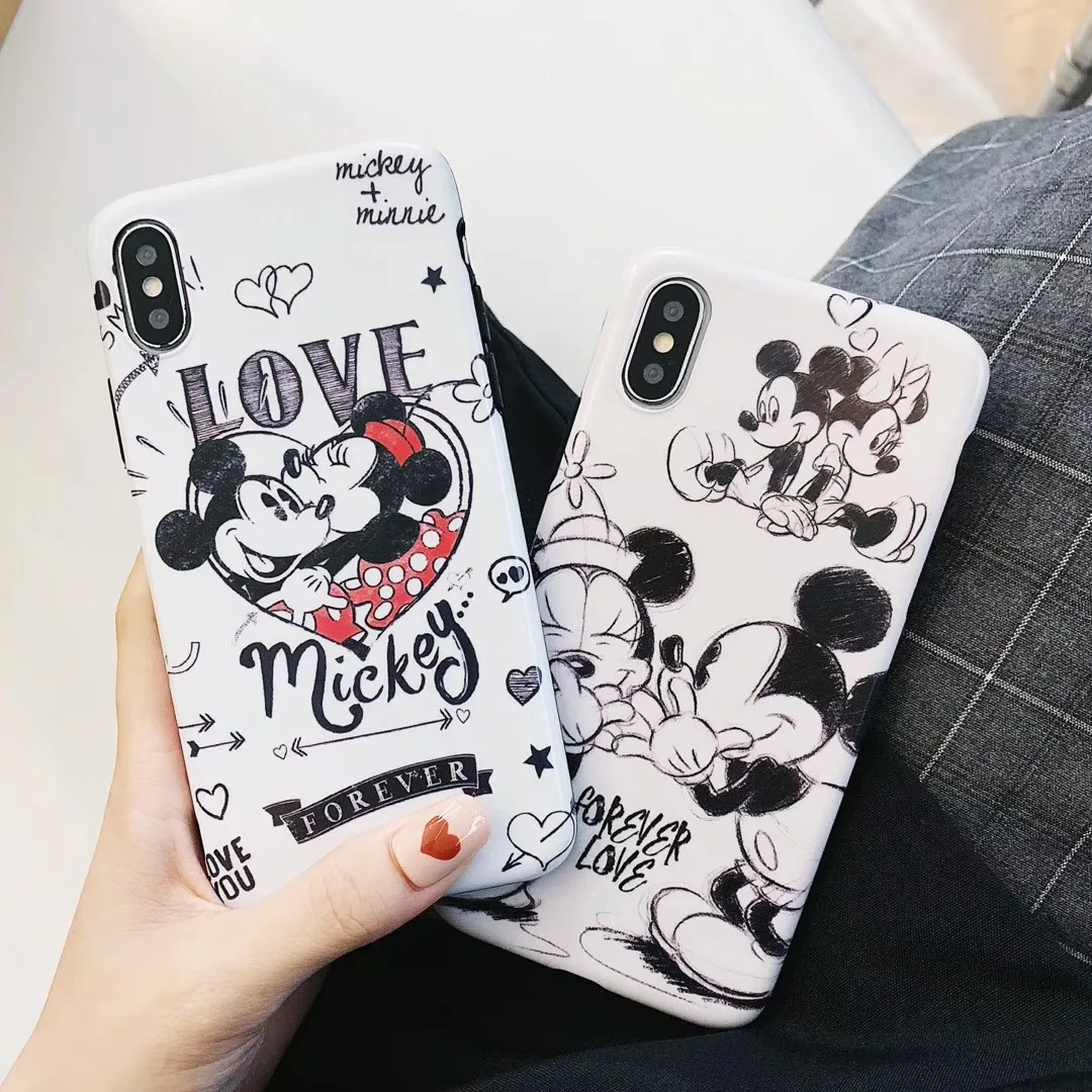 

Cartoon anime disneys kiss Minnie Mickey phone case For iphone Xs MAX XR X 6 6s 7 8 plus retro cute sketch silicone back cover