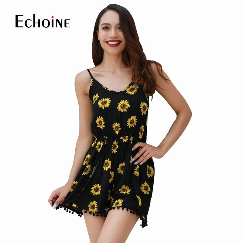 

2019 Summer Sexy Holiday Playsuits Women Bohemian Sleeveless Strap Print Playsuits Women's Fashion V Neck loose Jumpsuits