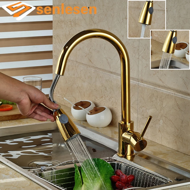 

Luxury Water Faucet for Kitchen Single Handle Pull Out Double Functions Mixer Taps Deck Mounted Gold Finish